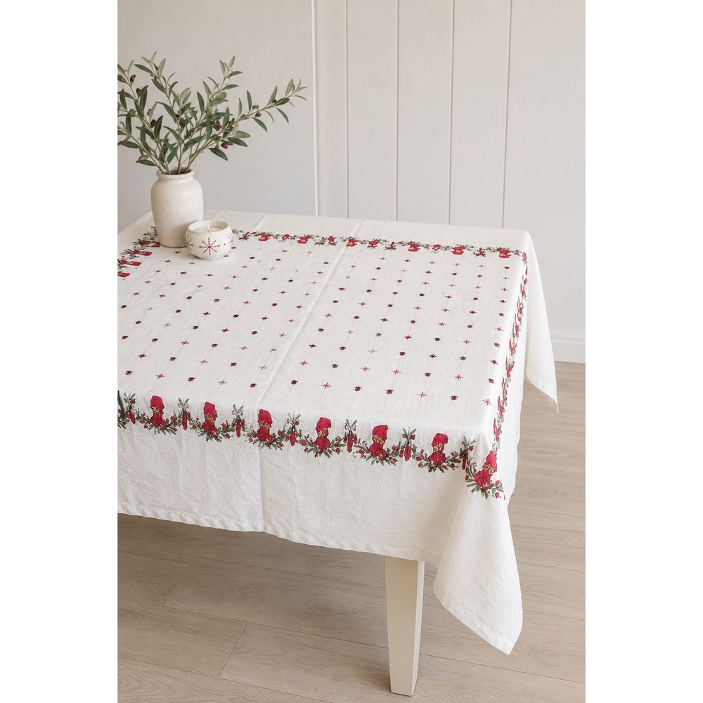 Vintage White Linen Christmas‎ Tablecloth Elves Snowflakes Baubles Holiday Decor